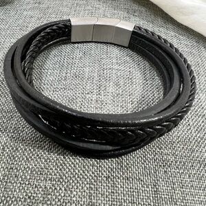 Men's Stainless Steel & Black Leather Bracelet With Stainless Steel Secu…